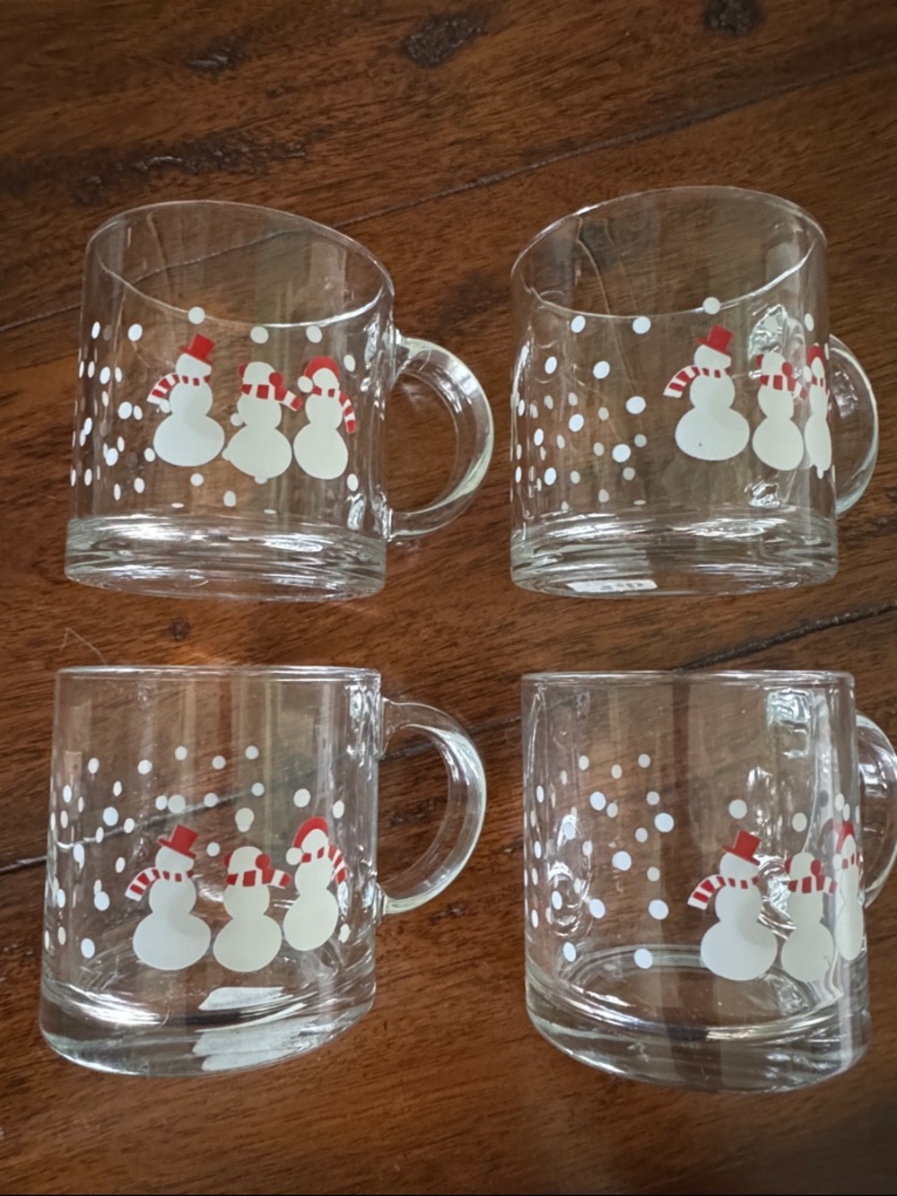 Set/4 Crate & Barrel Festive Snowman Glass Mugs, Clear w/ White and Red Accents